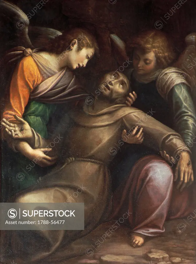 St Francis of Assisi comforted by two angels, by Orsola Maddalena Caccia (1596-1676), oil on canvas, 85x115 cm.