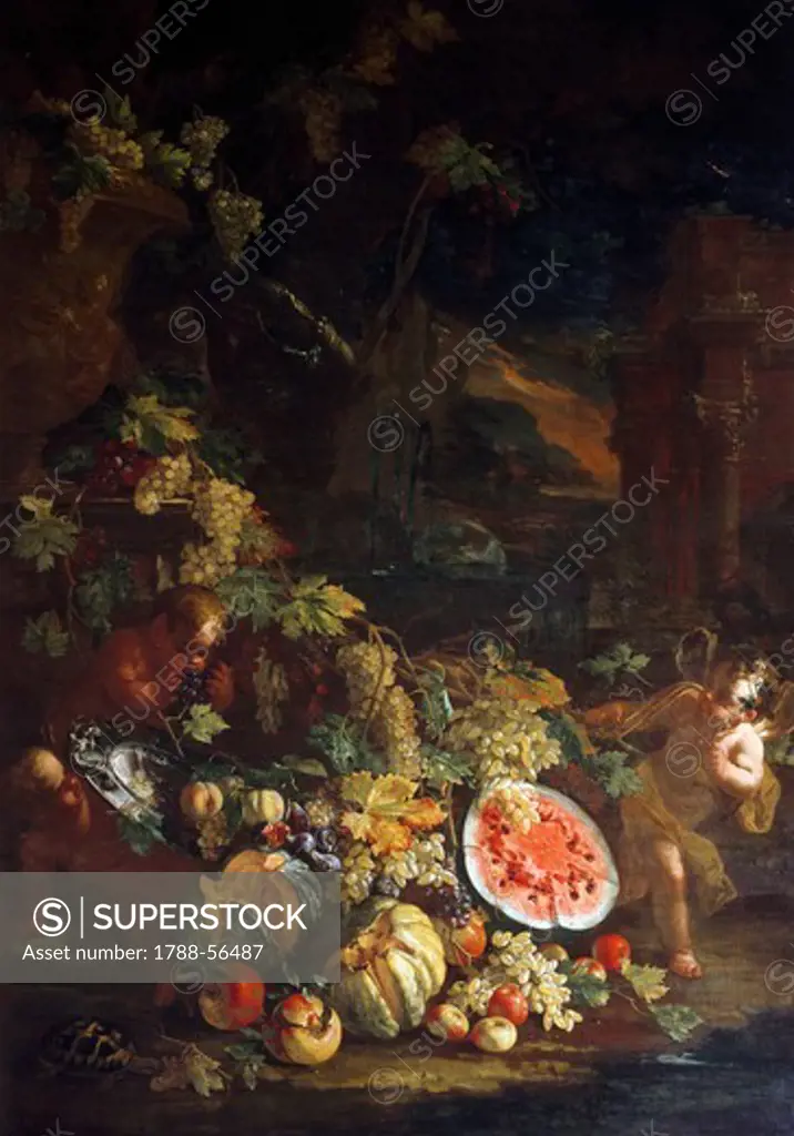 Still life with little genies, by Onofrio Loth (1640-1717), oil on canvas, 172x247 cm.