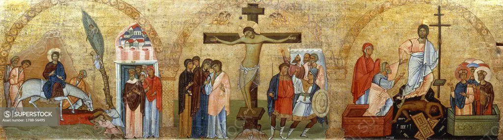Stories from the Life of Christ, the first half of the 11th century, fragment of plaque surmounting the epistyle of a temple, painting on wood, cm 118x44 cm. Saint Catherine's Monastery, (UNESCO World Heritage List, 2002), Mount Sinai, Egypt.