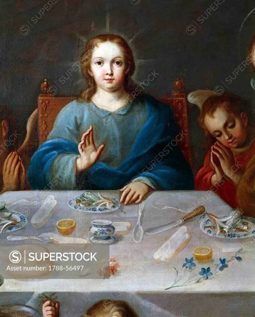 Young Jesus, detail from the Blessing of the food, painting attributed to Jose de Alcibar (ca 1730-1803).
