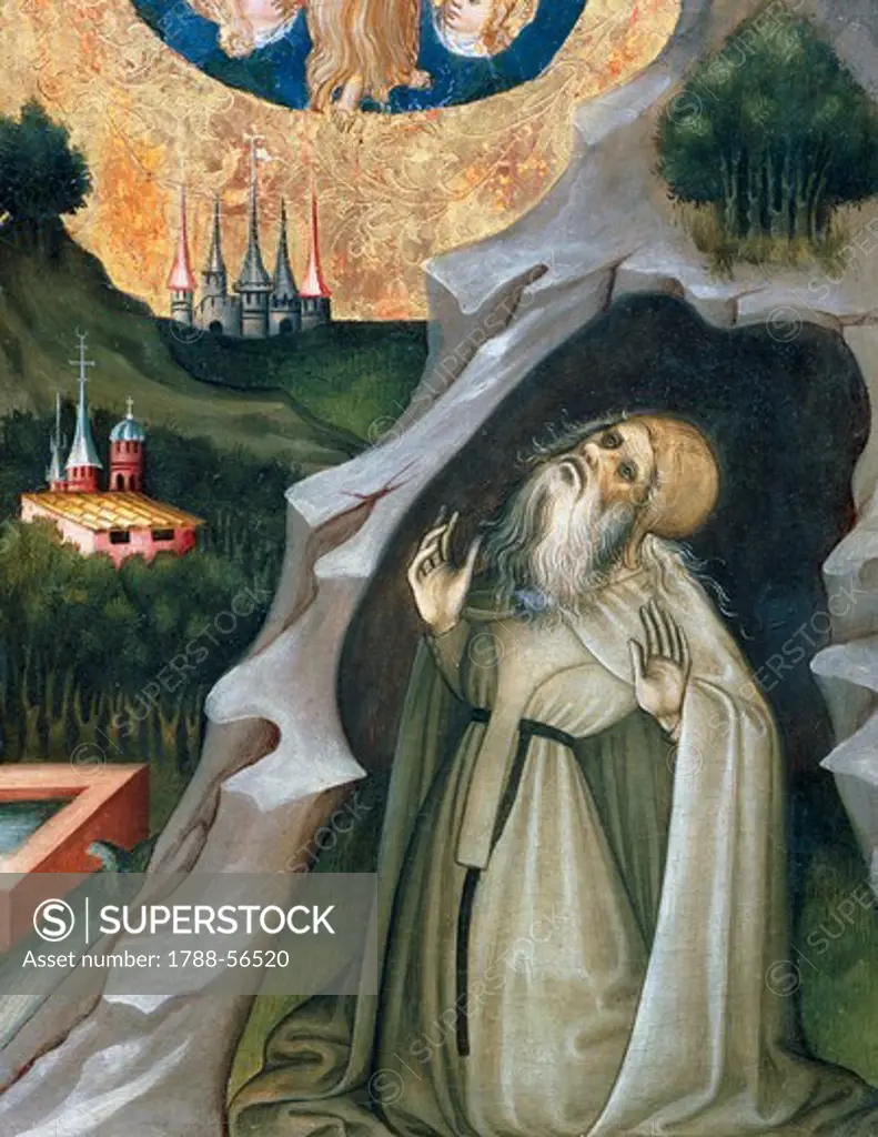 Hermit in ecstasy, detail from the altarpiece of St Mary Magdalene (1437-1452), by Bernat Martorell (ca 1400-1452), painted on wood. Catalan Gothic art.