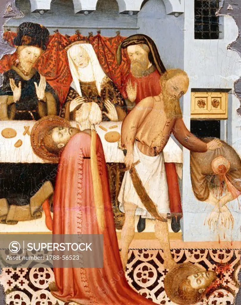Salome bringing the head of John the Baptist to Herod's banquet, detail from the predella of an altarpiece from the Vic Cathedral, by Bernat Martorell (ca 1400-1452), painted on wood. Catalan Gothic art.