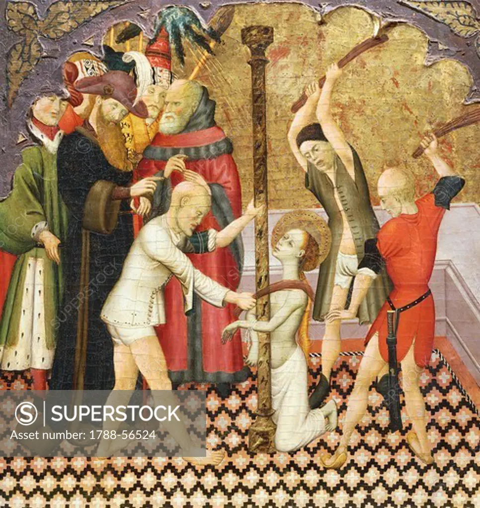 The flagellation of St Eulalia, detail from the predella of an altarpiece from the Vic Cathedral, by Bernat Martorell (ca 1400-1452), painted on wood. Catalan Gothic art.