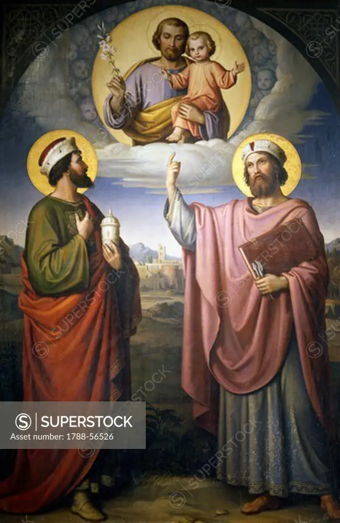 Saints Cosmas and Damian with St Joseph and the Child Jesus, by Alessandro Massimiliano Seltz (1811-1888), Church of San Salvatore in Onda, Rome, Italy.