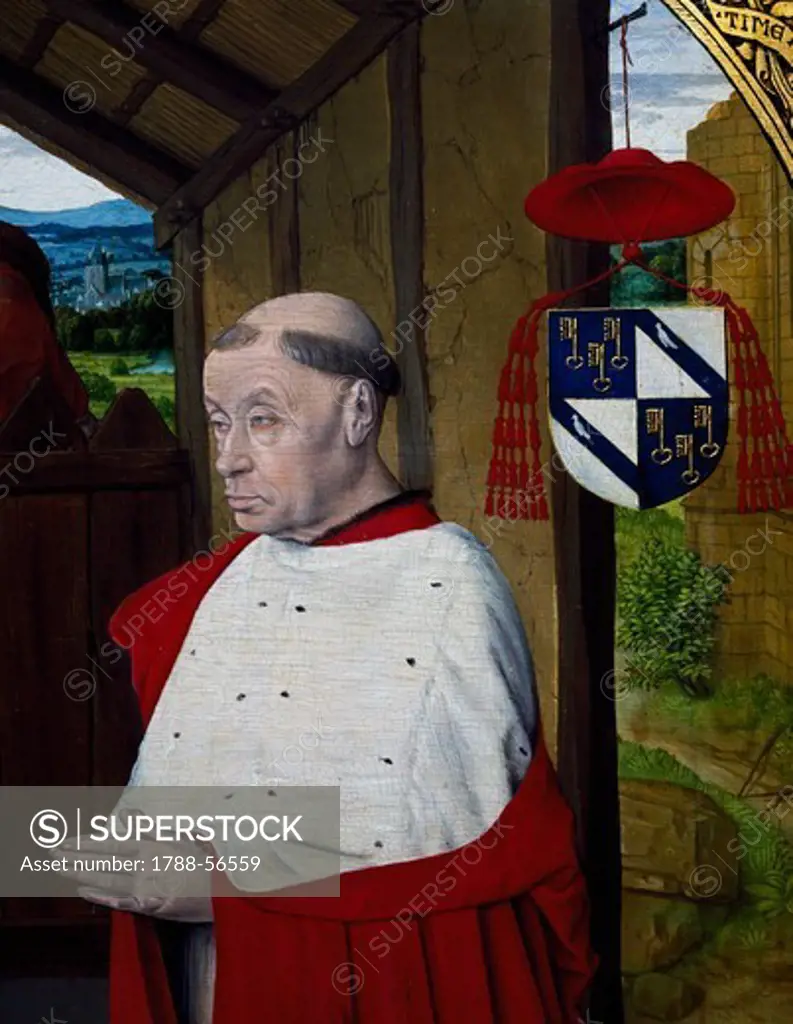 Cardinal Jean Rolin and his coat of arms, detail from The Nativity with Cardinal Jean Rolin dressed as a donor, ca 1480, by the Master of Moulins (active between 1480 and 1504), oil on canvas, 57x74 cm.