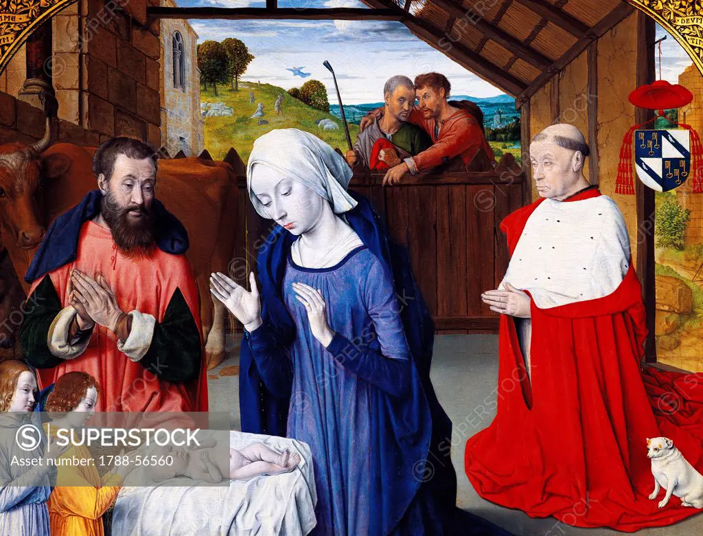 The Nativity with Cardinal Jean Rolin dressed as a donor, ca 1480, by the Master of Moulins (active between 1480 and 1504), oil on canvas, 57x74 cm.