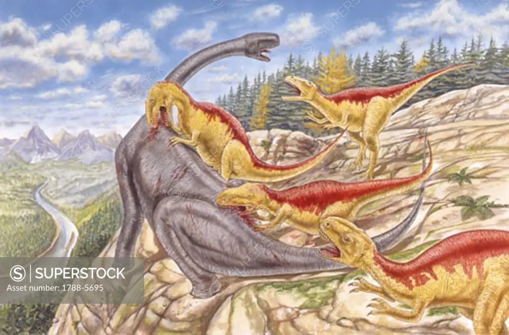 Illustration of herd of Gasosauruses attacking dinosaur