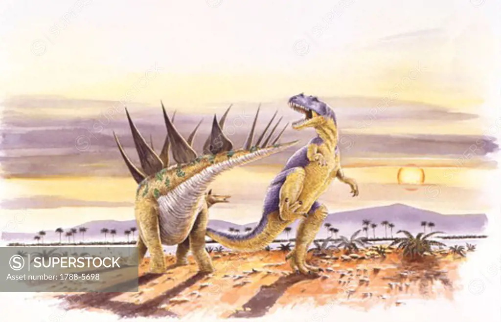 Illustration of Diracodon and Ceratosaurus fighting