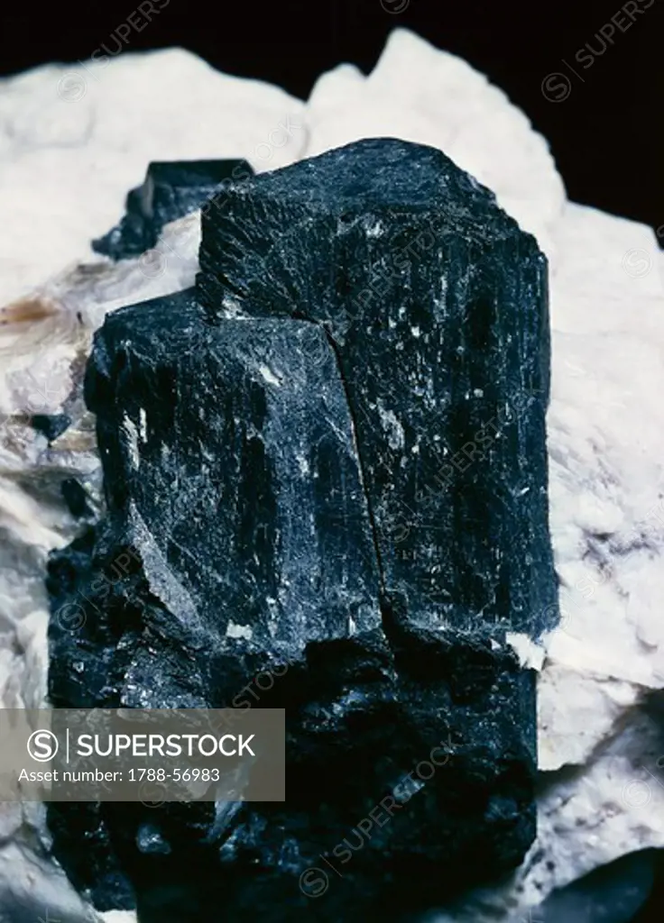 Black Tourmaline, silicate, in Pegmatite, intrusive rock, from Olgiasca, Lombardy, Italy.