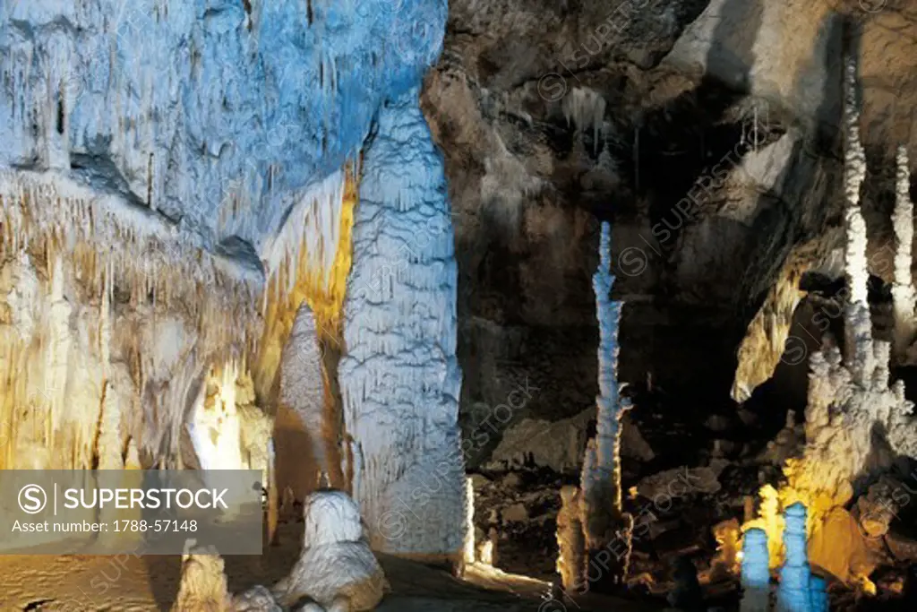 Hypogeum complex with stalactites and stalagmites, Frasassi (Ancona), Marche, Italy.