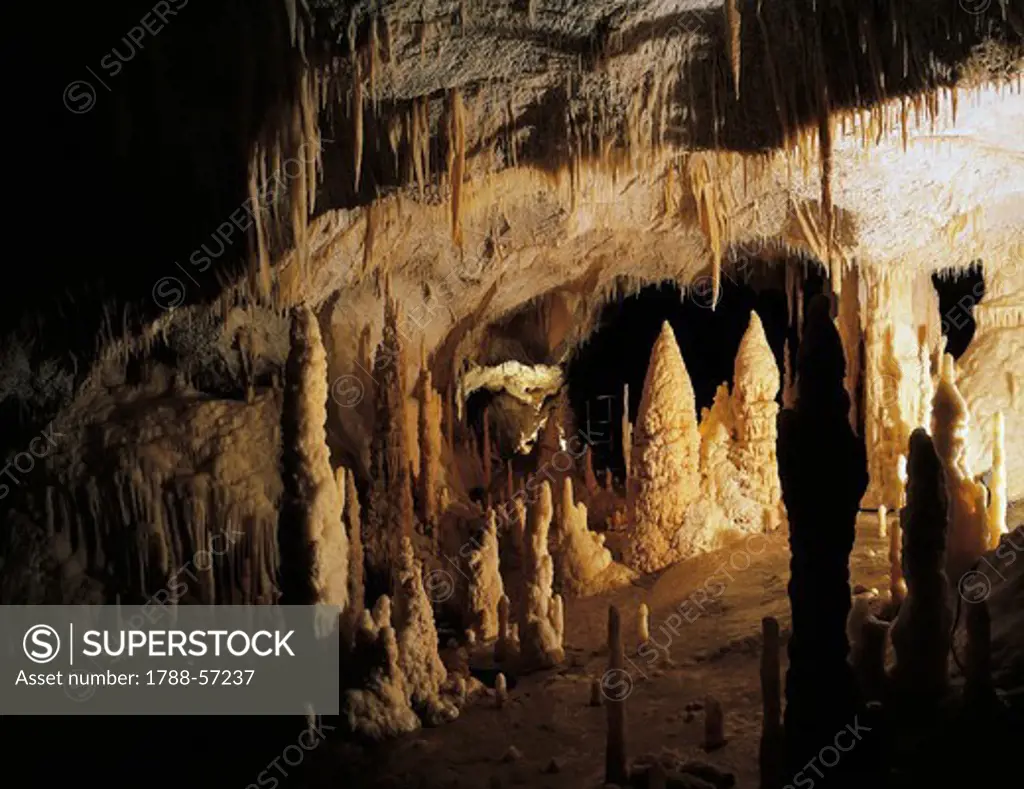 Stalactites and stalagmites, Frasassi Caves, Gola della Rossa and Frasassi Regional Natural Park, Marche, Italy.