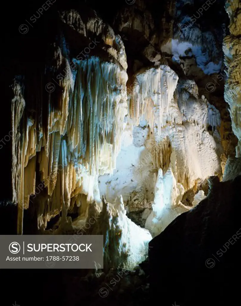 Interior of the Frasassi Caves, Gola della Rossa and Frasassi Regional Natural Park, Marche, Italy.