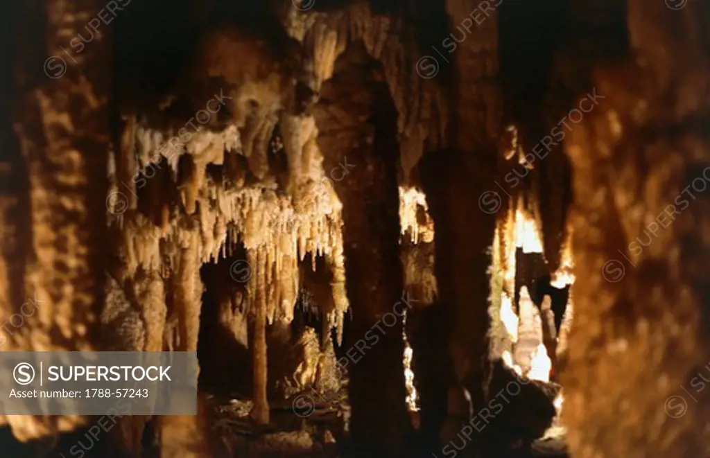 Stalactites and stalagmites, Castellana Caves. Puglia, Italy.