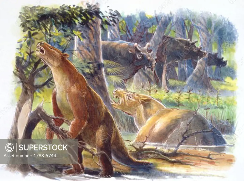 Illustration of extinct mammals in wetlands in Cainozoic period