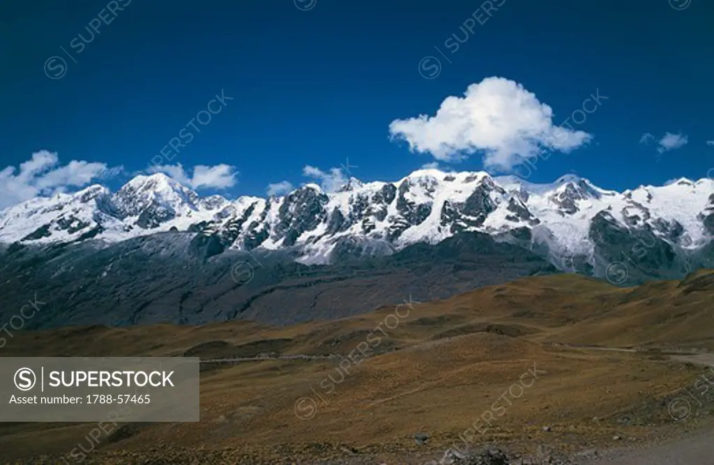 The snowy peaks of the Cordillera Real, eastern area of the Andes, Bolivia.