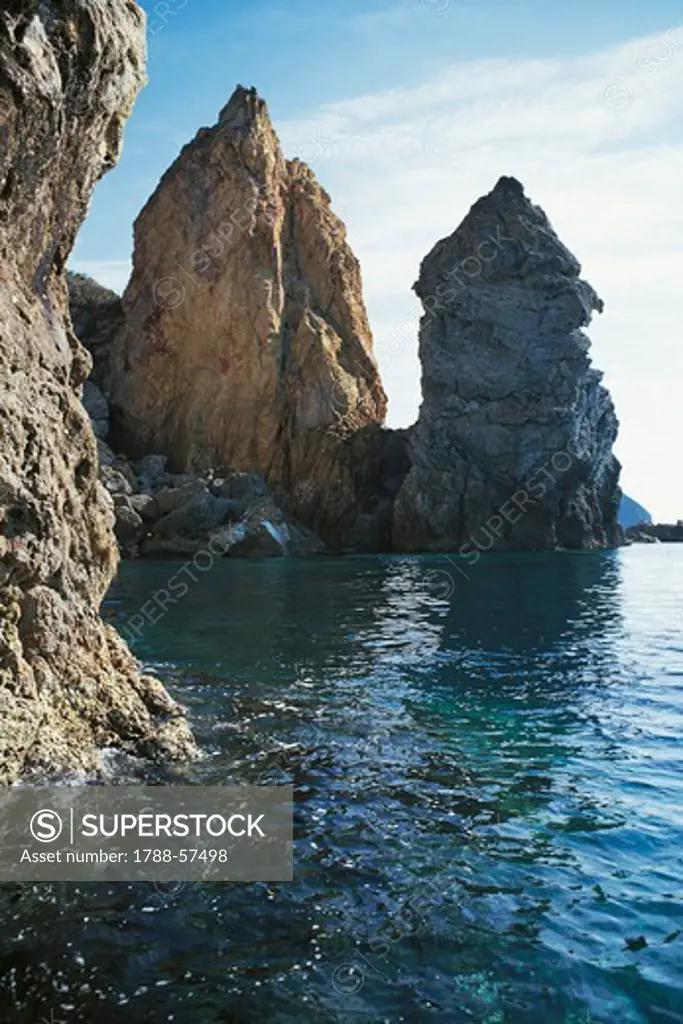 The stacks of Capobosco, Ponza Island, Pontine Islands, Lazio, Italy.