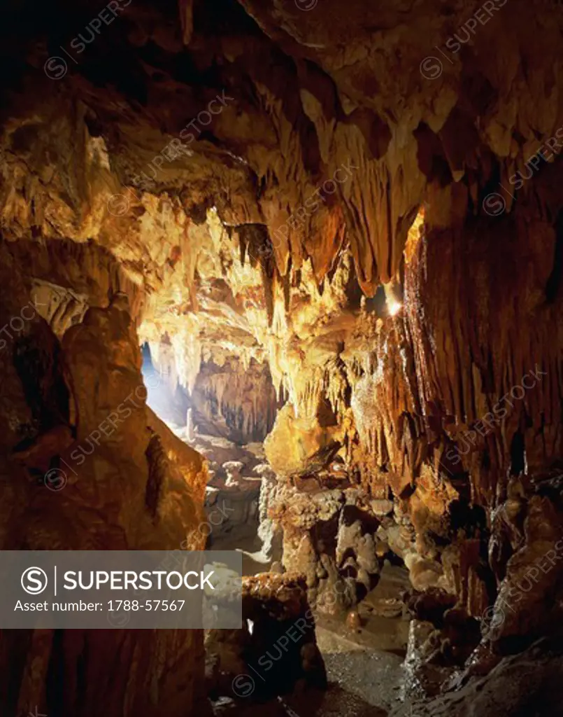 Stalactites and stalagmites, Toirano Caves, Liguria, Italy.