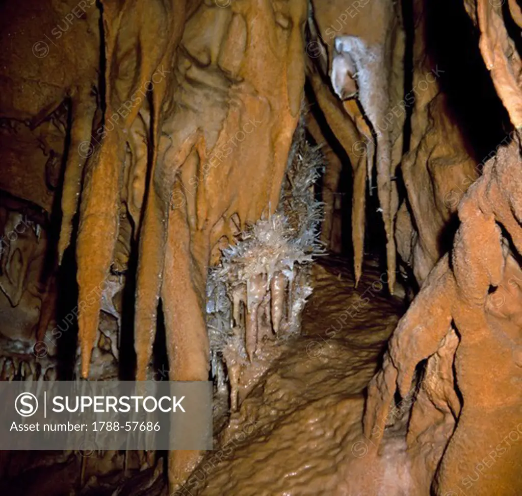 Stalactites, Coral Cave, Sardinia, Italy.