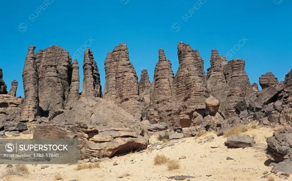 Rock formations and Effects of erosion in the Tassili n'Ajjer mountain range (UNESCO World Heritage List, 1982), Sahara Desert, Algeria.