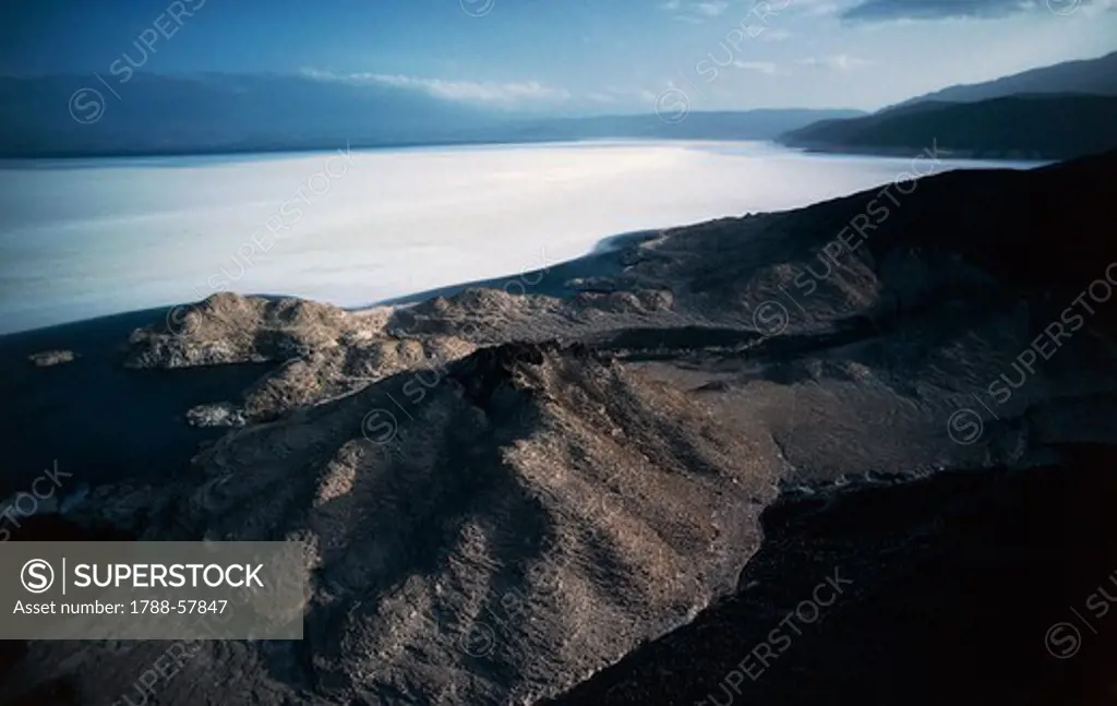 View of Lake Assal, at 155 metres below sea level, the lowest point in Africa, Great Rift Valley, Djibouti.