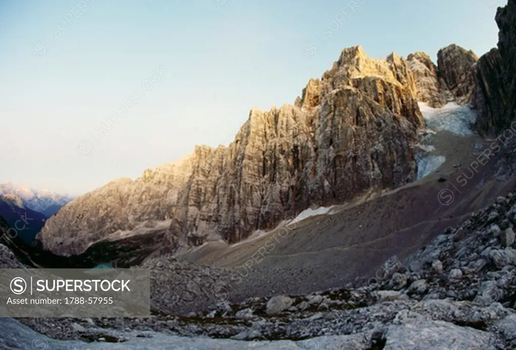 Sorapiss Glacier, its lake and its peak of the same name, Dolomites (UNESCO World Heritage List, 2009), Veneto, Italy.