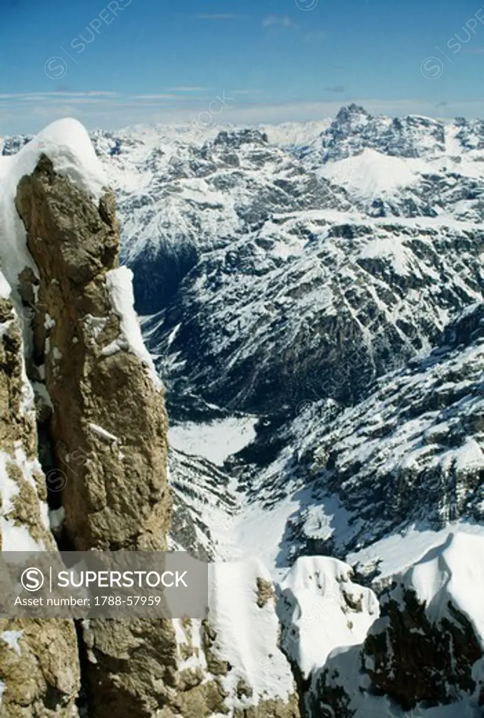 View of the Sexten Dolomites, Dolomites (UNESCO World Heritage List, 2009), Veneto, Italy.