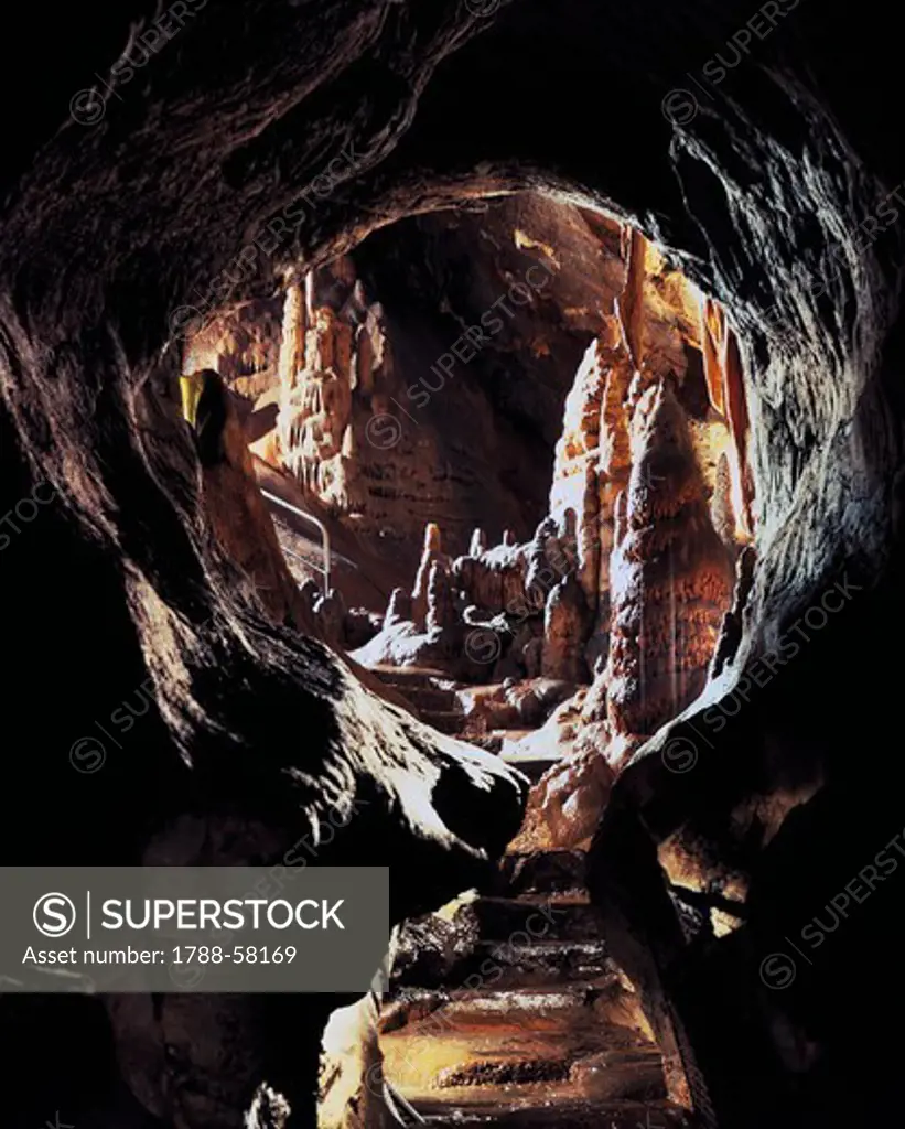 Interior of the Caves of Toirano, Liguria, Italy.