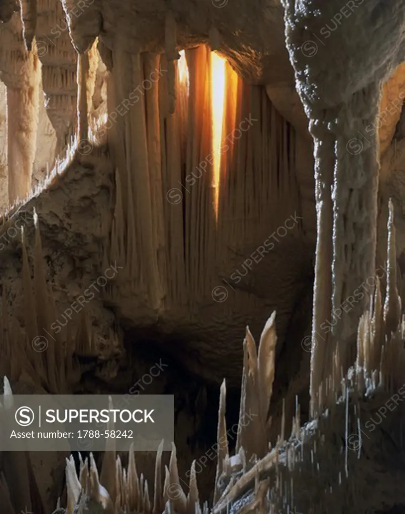Organ pipes, a group of stalactites parallel, Frasassi Caves, Regional Natural Park of Gola della Rossa and Frasassi, Marche, Italy.