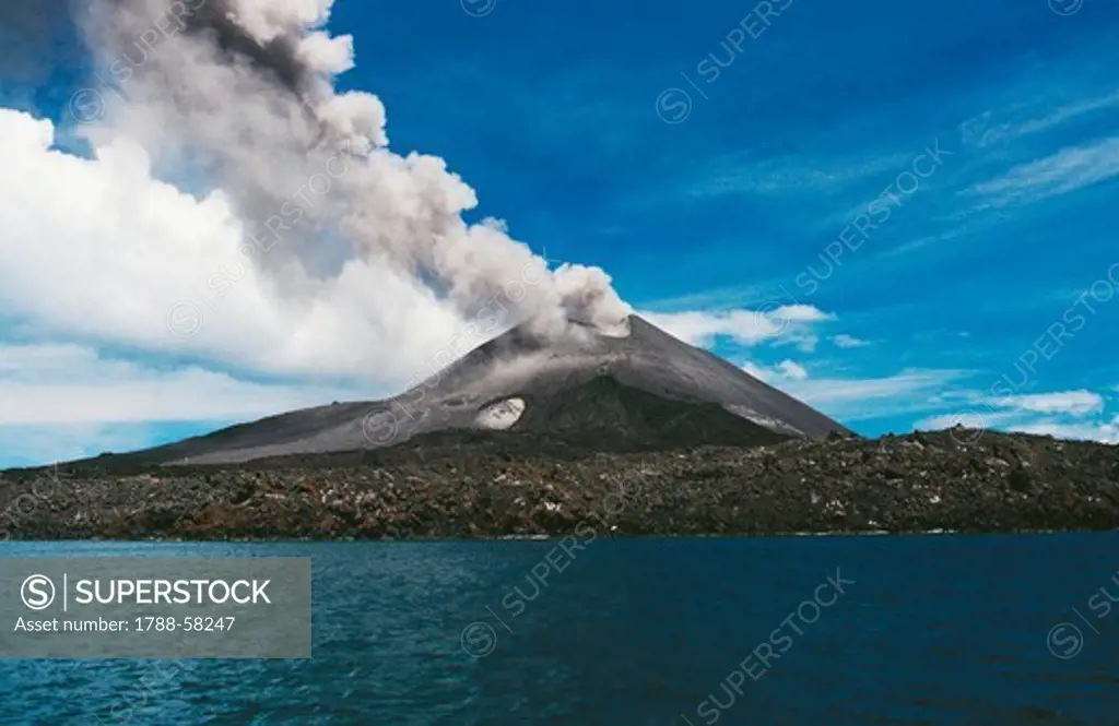 Krakatau volcano (Krakatoa) erupting, Java island, Indonesia.