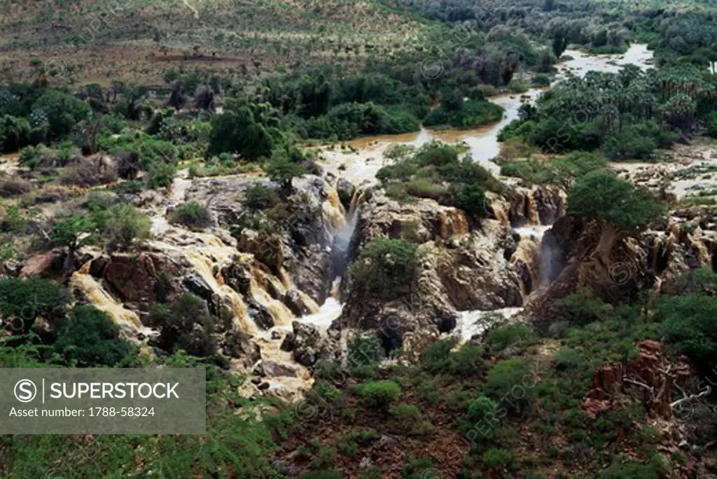 Epupa Falls, a series of waterfalls formed by the Kunene River in the Kaokoland Region, Namibia.