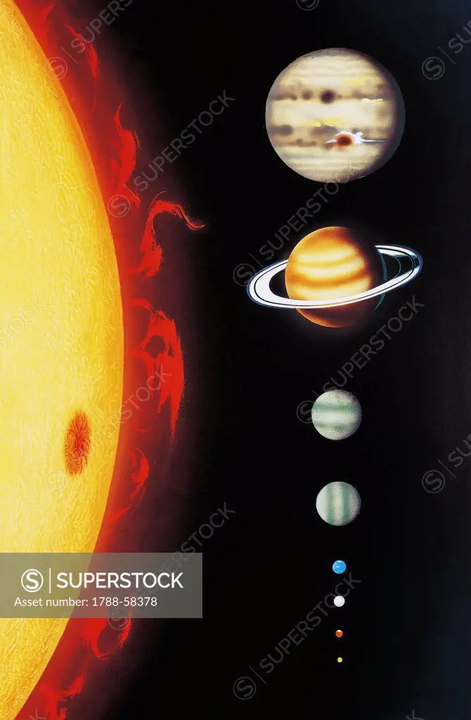Planets of the Solar System, from the smallest: Mercury, Mars, Venus, Earth, Uranus, Saturn, Jupiter. Drawing.