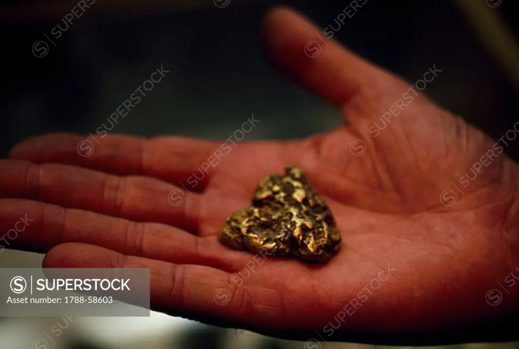 Gold nugget for sale in a shop in Dawson, Klondike, Alaska, United States.