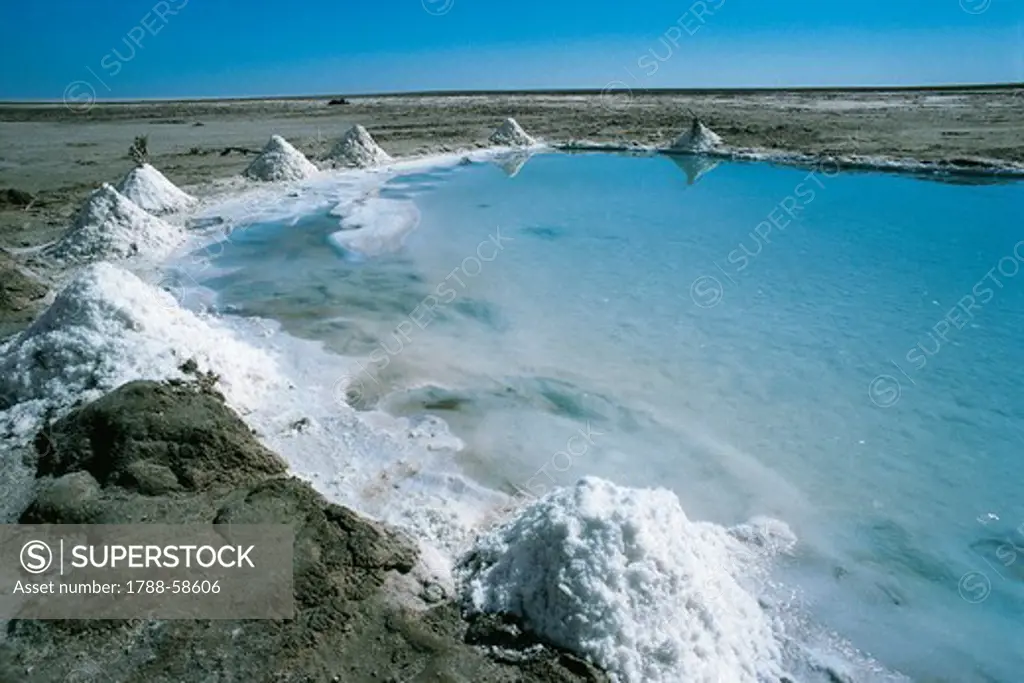 Piles of salt, Chott el-Jerid salt lake, Tunisia.