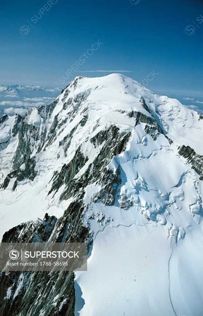 The summit of Mont Blanc (4810 metres), France-Italy. Aerial view.