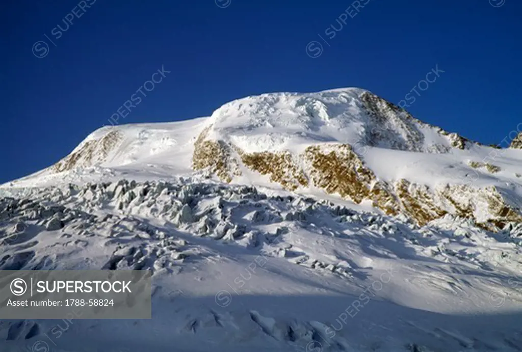 The Alphubel (4206 metres) and glacier beneath, Saas Fee, Canton of Valais, Switzerland.