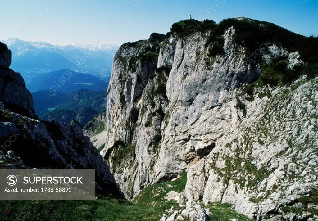 View of the Untersberg Massif (1972 metres), Berchtesgaden, Bavaria, Germany.