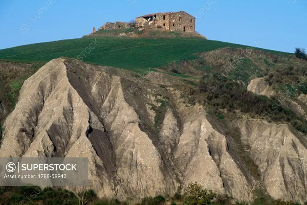 Badlands in the area of Pienza, Crete Senesi, Tuscany, Italy.
