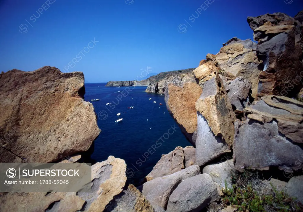 Lava rocks, Porticello, Lipari, Aeolian Islands (UNESCO World Heritage List, 2000), Sicily, Italy.