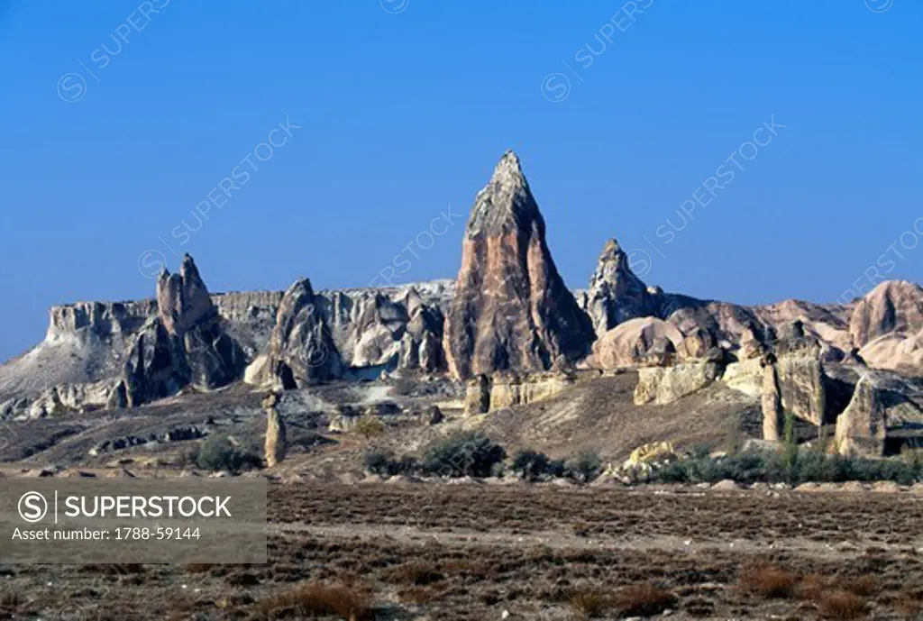Effects of volcanic rock erosion, Goreme Valley (UNESCO World Heritage List, 1985), Cappadocia, Turkey.