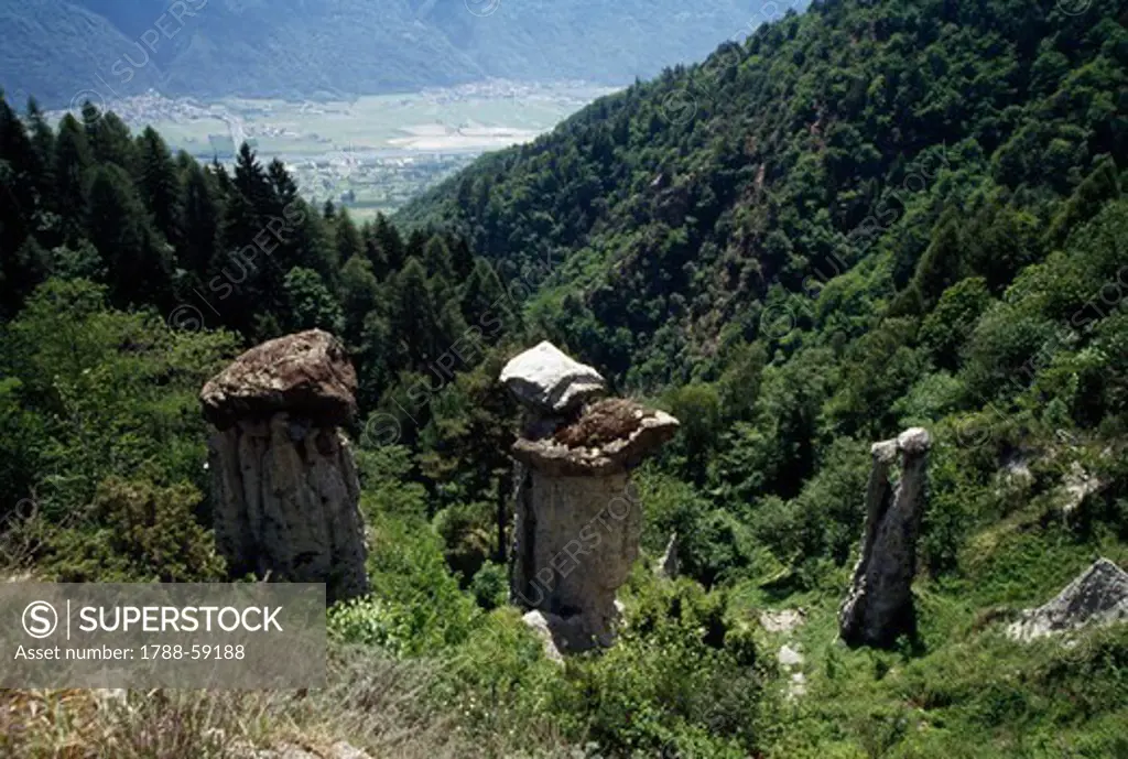 Earth pyramids or fairy chimneys, Natural reserve of the Pyramids of Postalesio, Lombardy, Italy.