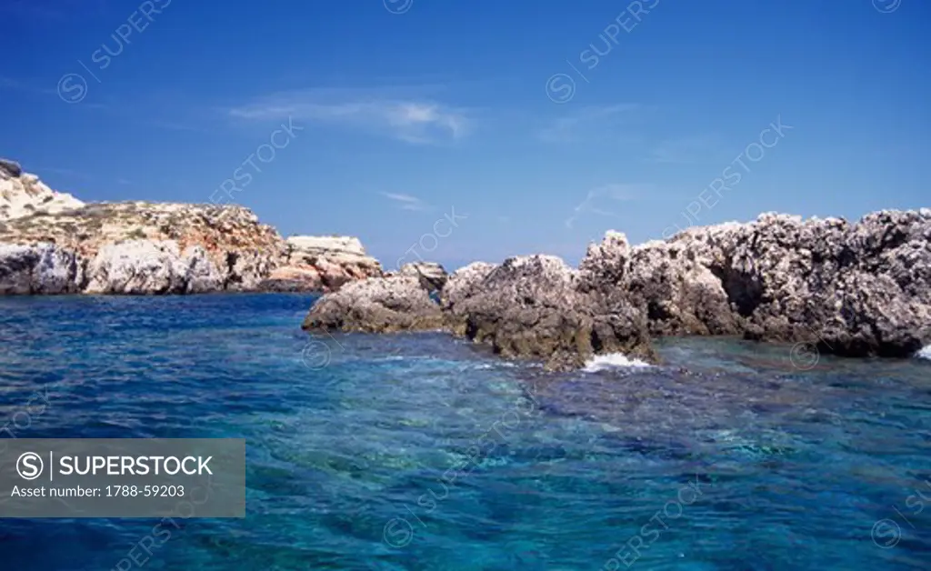 Coloured rocks, island of Cretaccio, Gargano National Park, Tremiti Islands, Apulia, Italy.