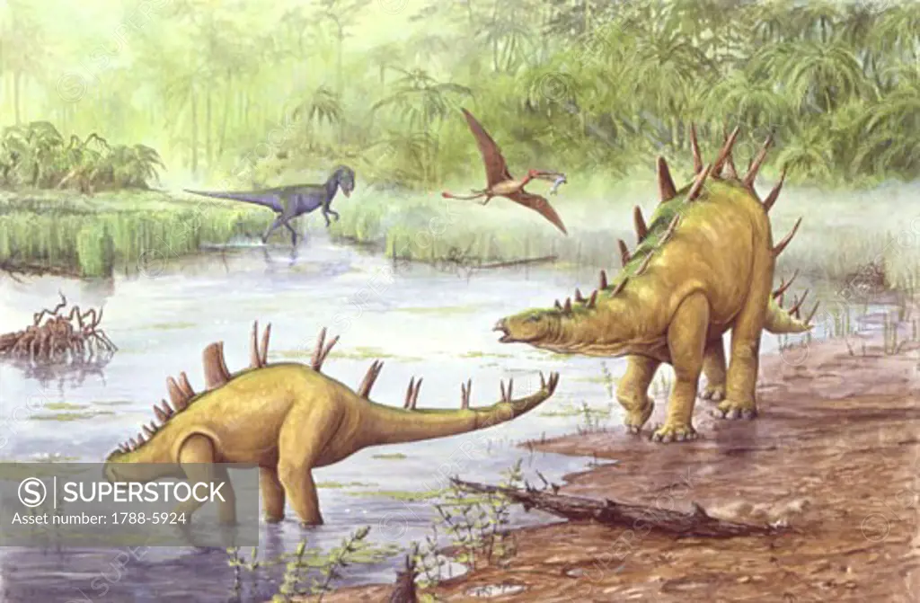 Illustration representing Chialingosaurus and calf by river