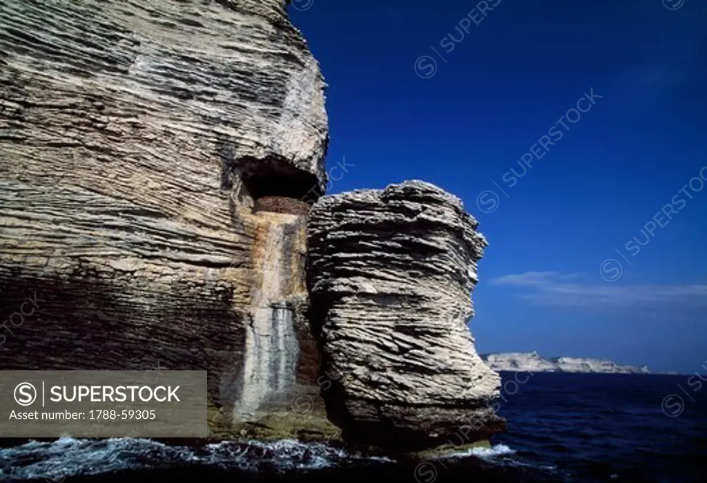Limestone cliffs near Bonifacio, Corsica, France.