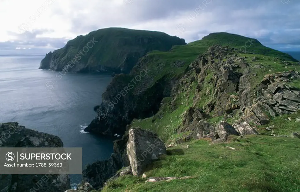 The Cambir peninsula on Hirta Island, looking out on Soay, archipelago of St Kilda, Outer Hebrides, Scotland, United Kingdom.