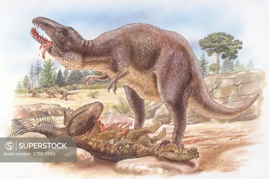 Illustration representing Aublysodon eating another dinosaur