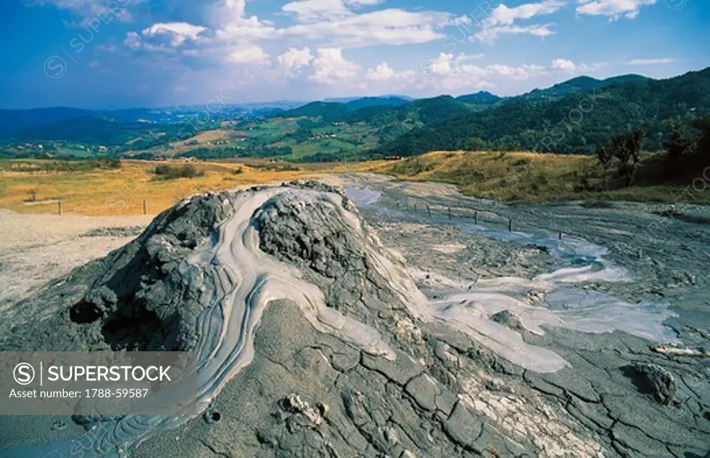 Salse di Regnano, mud volcanoes dragged to the surface by hydrocarbon mud, Reggio Hills, Emilia-Romagna, Italy.