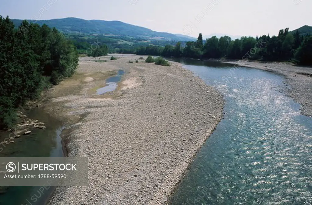 The Trebbia River near Rivergaro, Trebbia Valley, Emilia-Romagna, Italy.