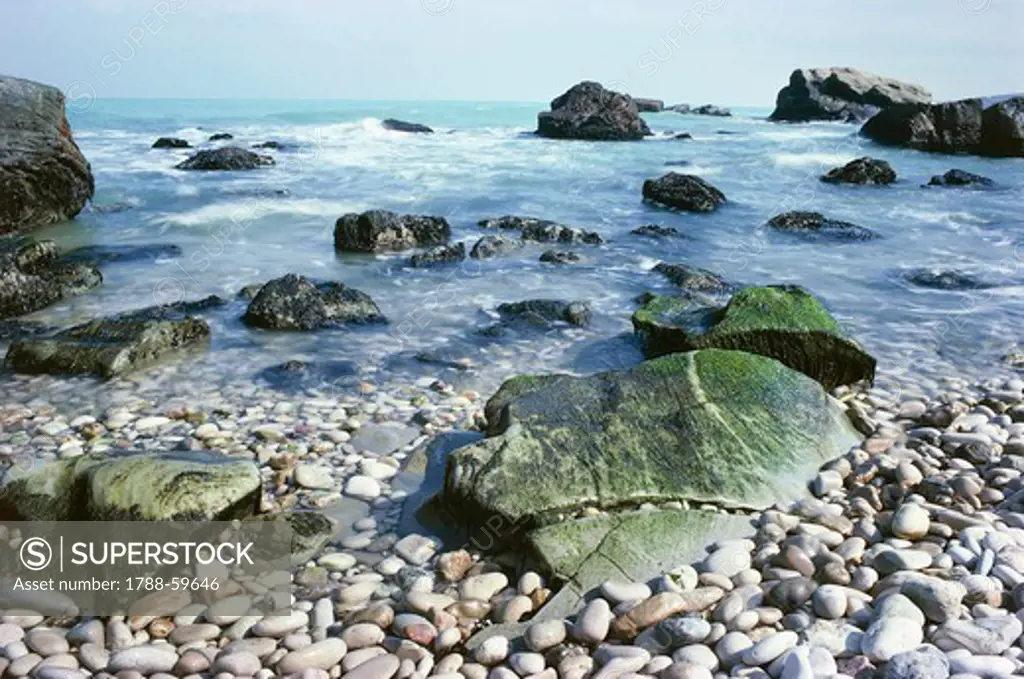 Le Morgue pebble beach and rocky outcrops, Abruzzo, Italy.