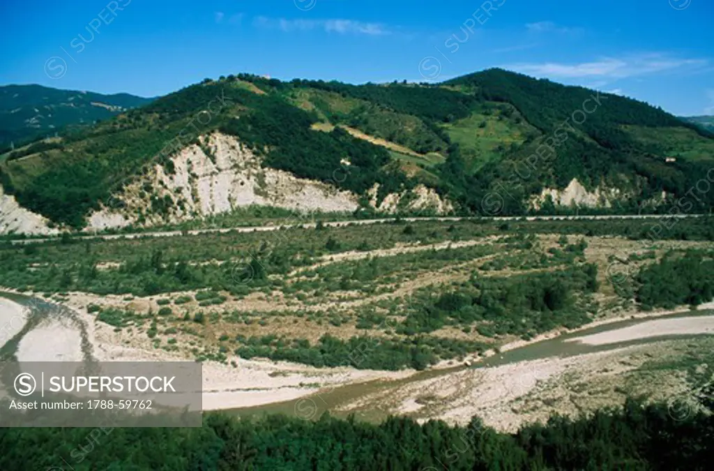 The bed of the Marecchia River south of Pennabilli, Marche, Italy.