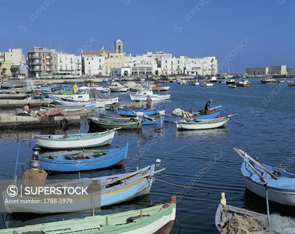 High angle view of fishing boats moored at a harbor, Mola Di Bari, Puglia, Italy